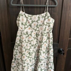Floral Green and White Spaghetti Strap Dress